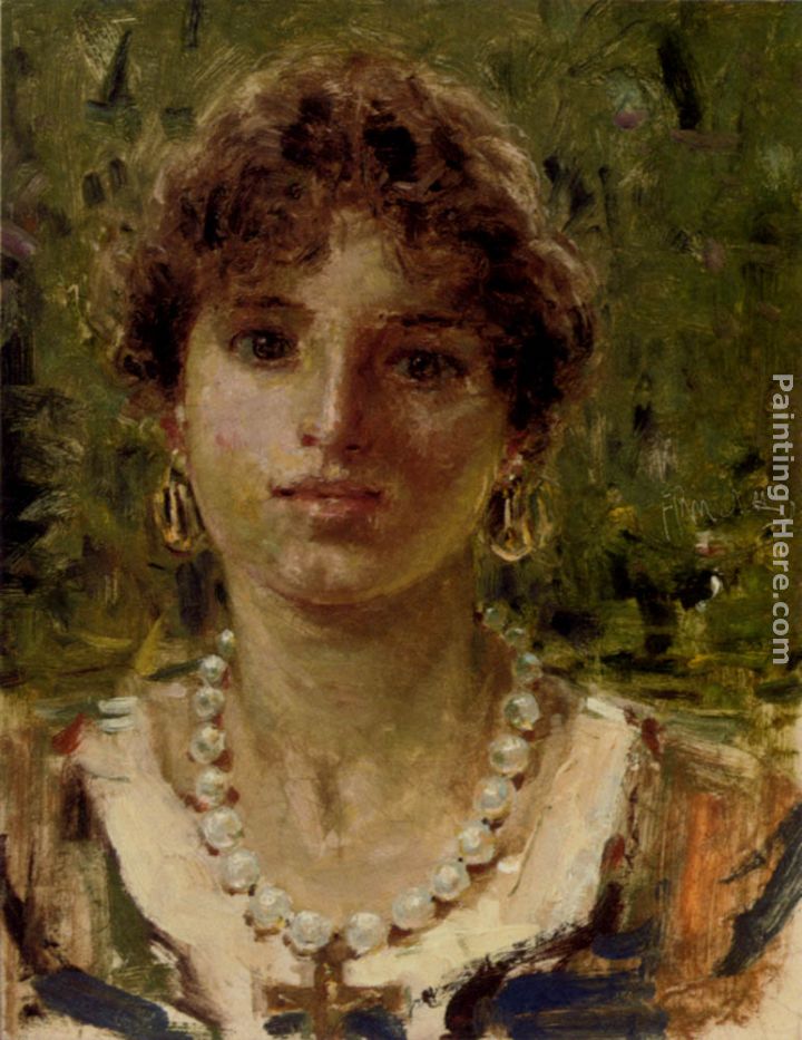Portrait Of A Girl Wearing A Pearl Necklace painting - Francesco Paolo Michetti Portrait Of A Girl Wearing A Pearl Necklace art painting